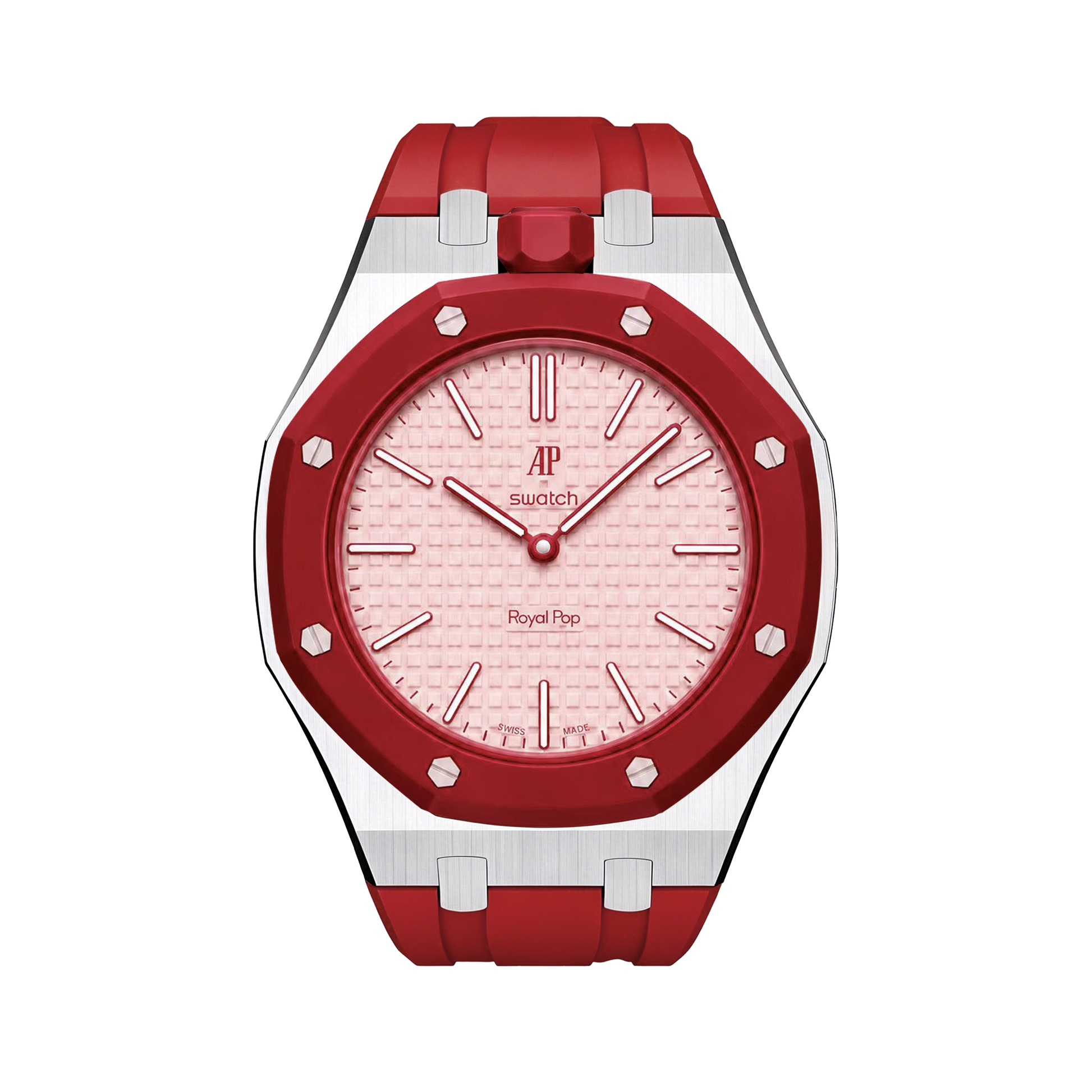 Red Royal Pop watch with a light pink dial shown against a black background.