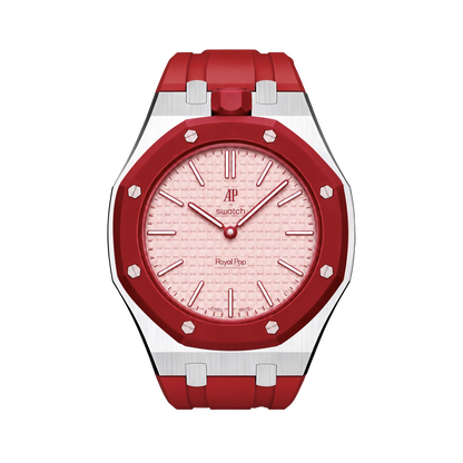 Red Royal Pop watch with a light pink dial shown against a black background.