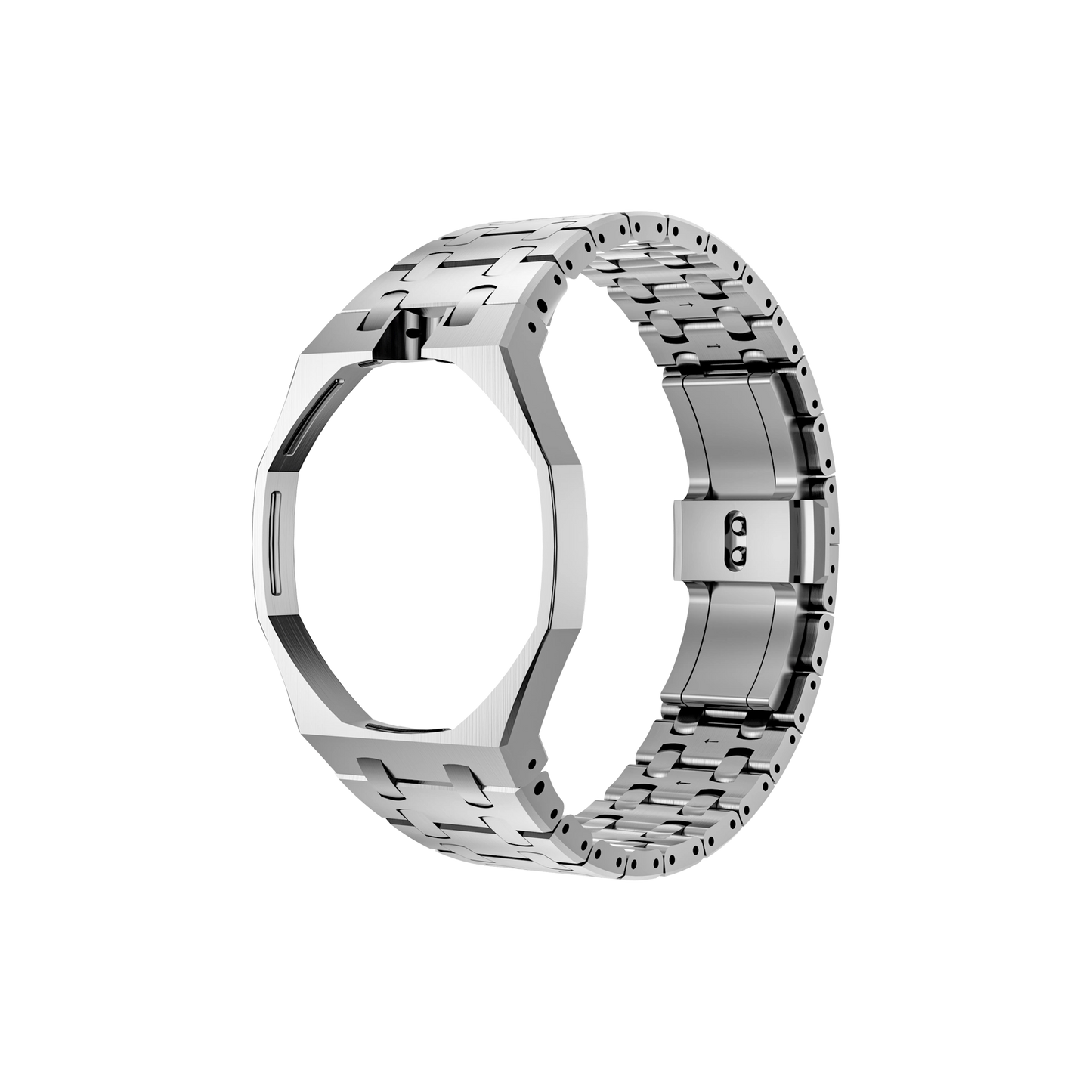 Alternate open view of the silver metal Royal Pop bracelet watch band against a black background.