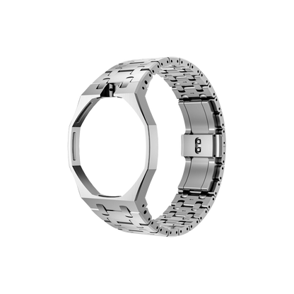 Alternate open view of the silver metal Royal Pop bracelet watch band against a black background.