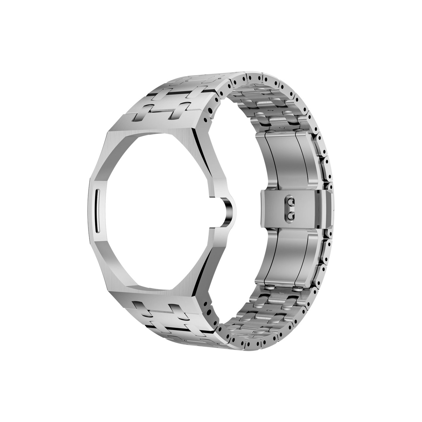 Open view of the silver metal Royal Pop bracelet watch band against a black background.