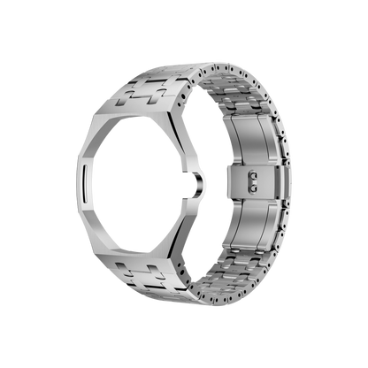 Open view of the silver metal Royal Pop bracelet watch band against a black background.