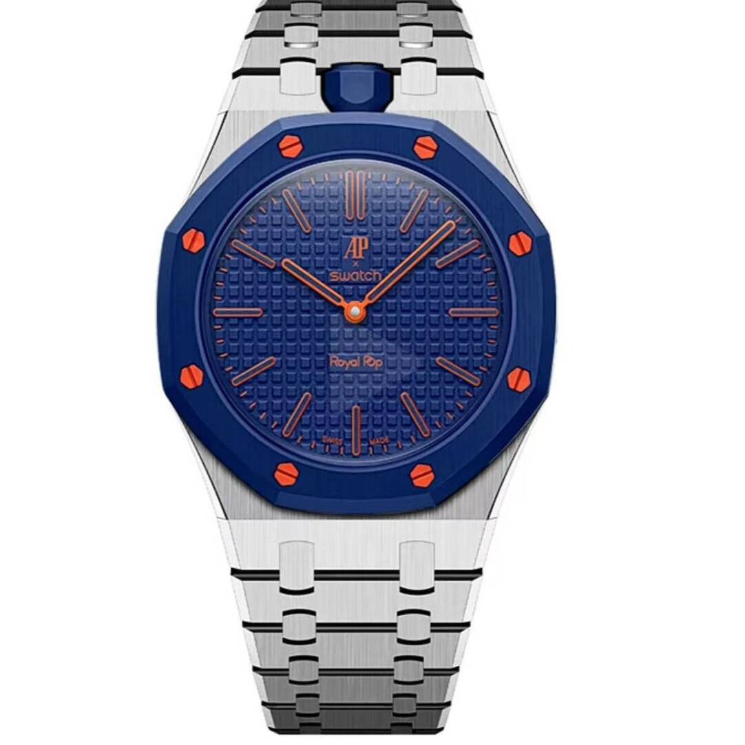 Silver metal Royal Pop watch with a blue dial and orange hour markers on a white background.
