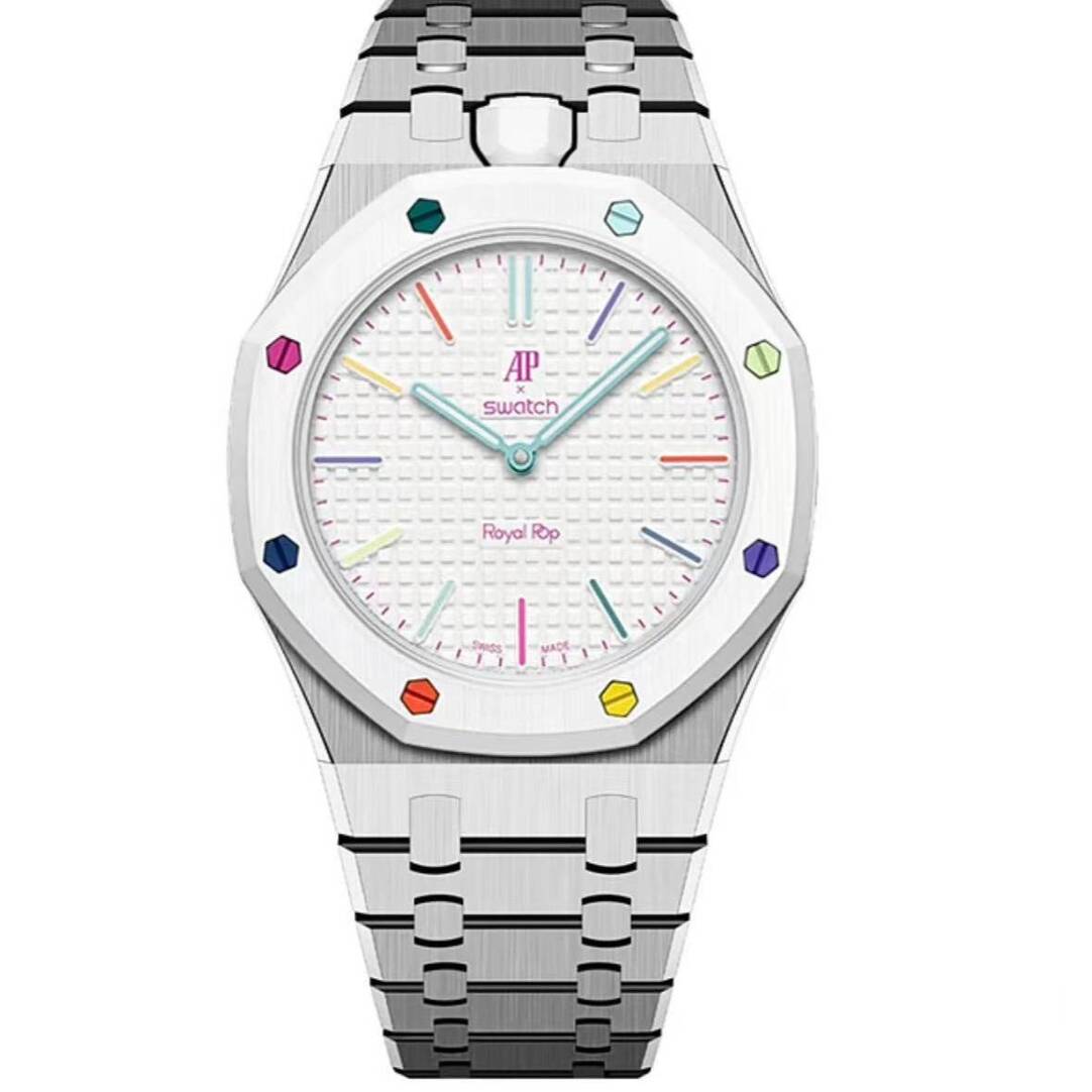 Silver metal Royal Pop watch with multicolor hour markers on a white dial and white bezel.