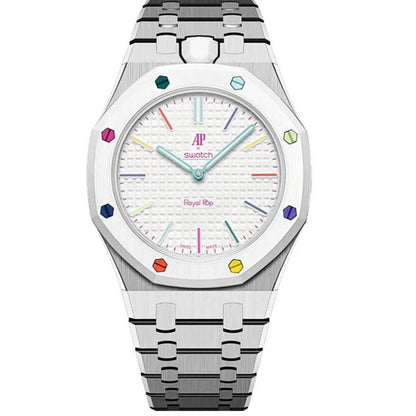 Silver metal Royal Pop watch with multicolor hour markers on a white dial and white bezel.