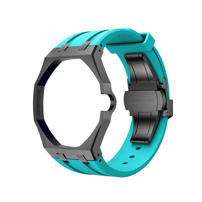 Back and open band view of the teal and black Royal Pop watch on a white background.