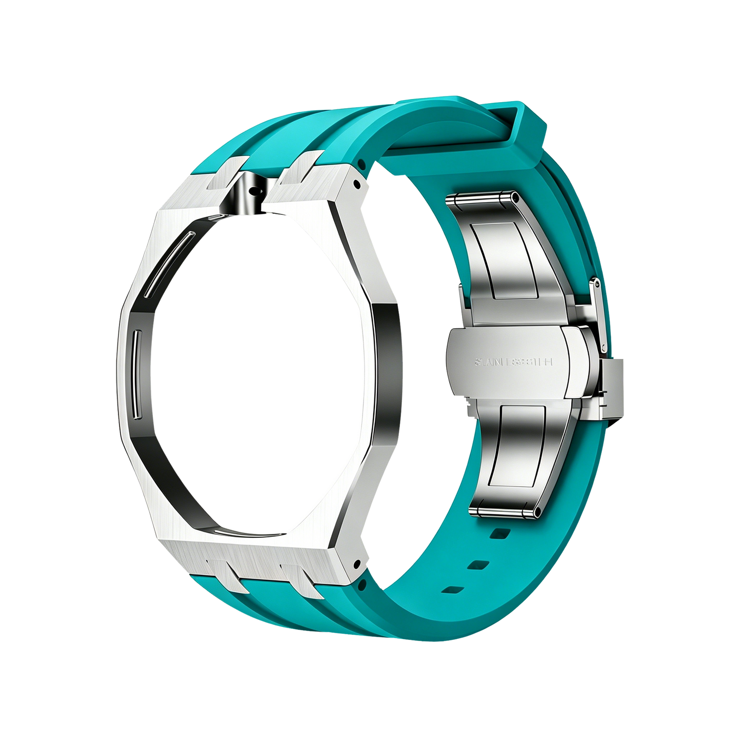 Back and open band view of the teal and silver Royal Pop watch against a black background.