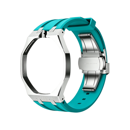 Back and open band view of the teal and silver Royal Pop watch against a black background.