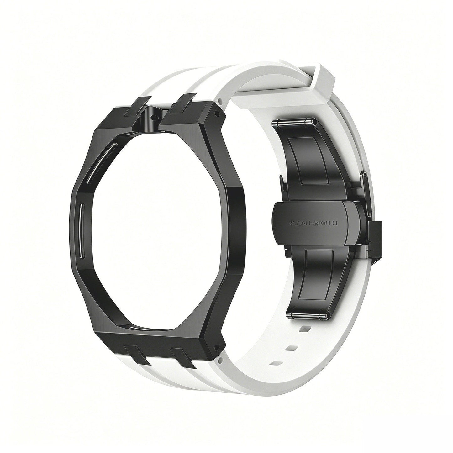 Back and open band view of the white and black Royal Pop watch on a white background.