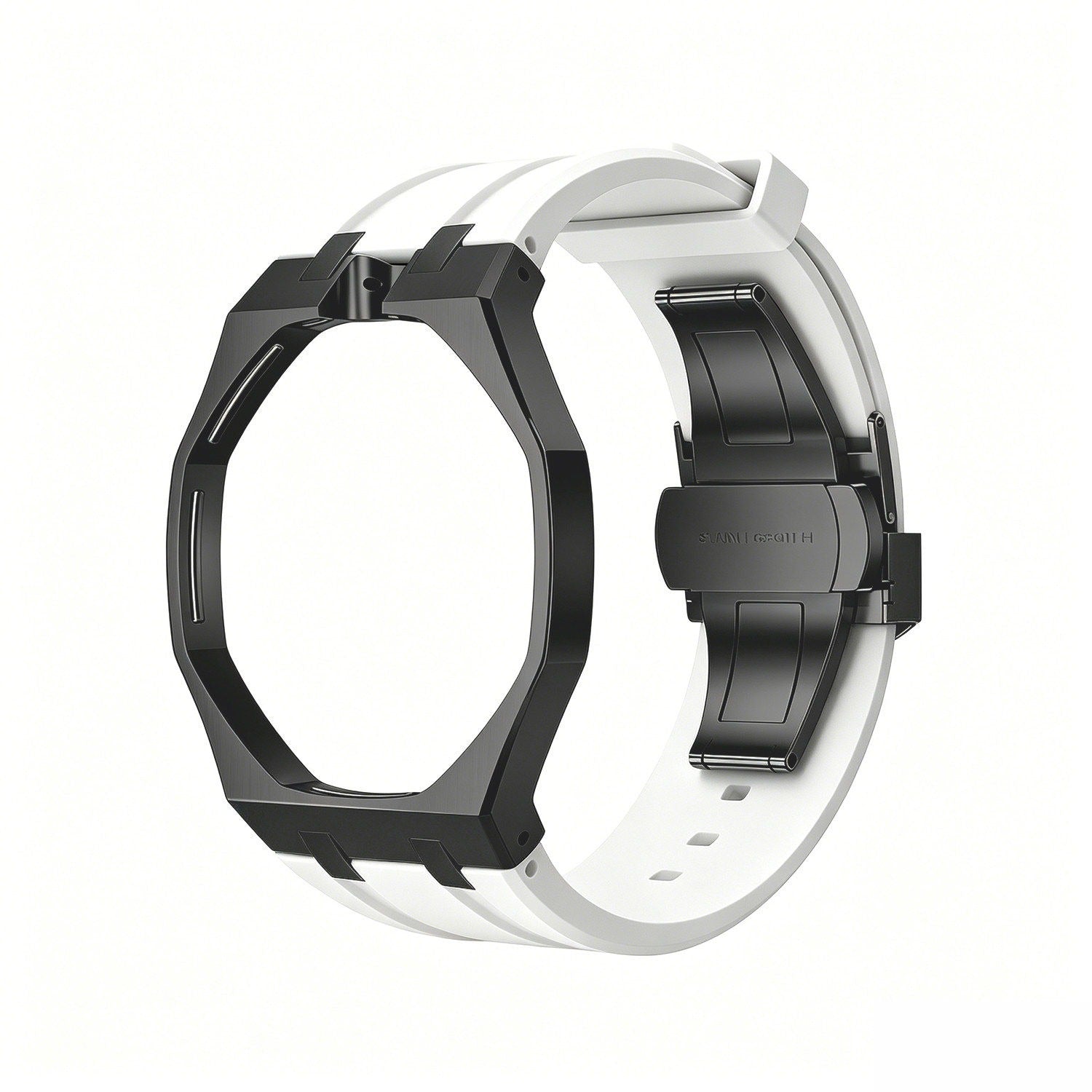 Back and open band view of the white and black Royal Pop watch on a white background.