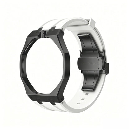 Back and open band view of the white and black Royal Pop watch on a white background.