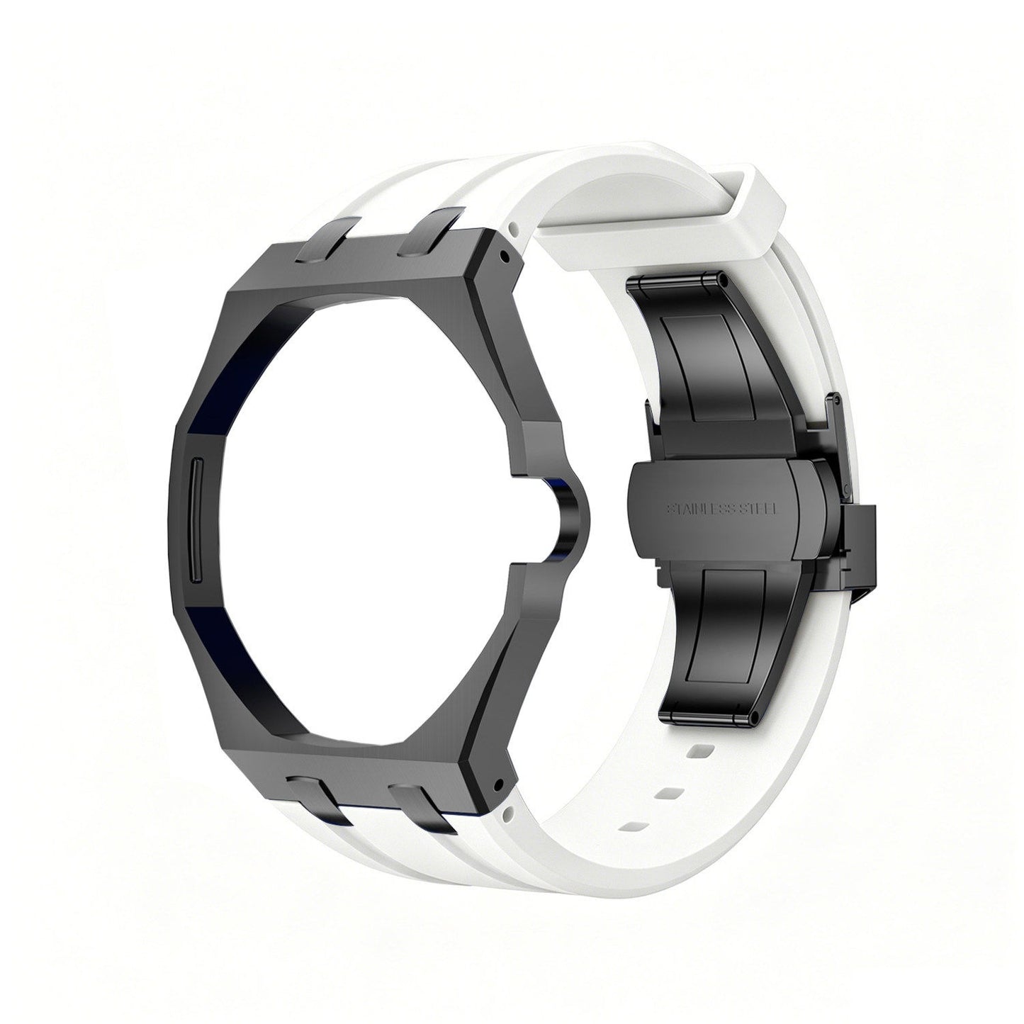 Back and open band view of the white and charcoal Royal Pop watch on a white background.