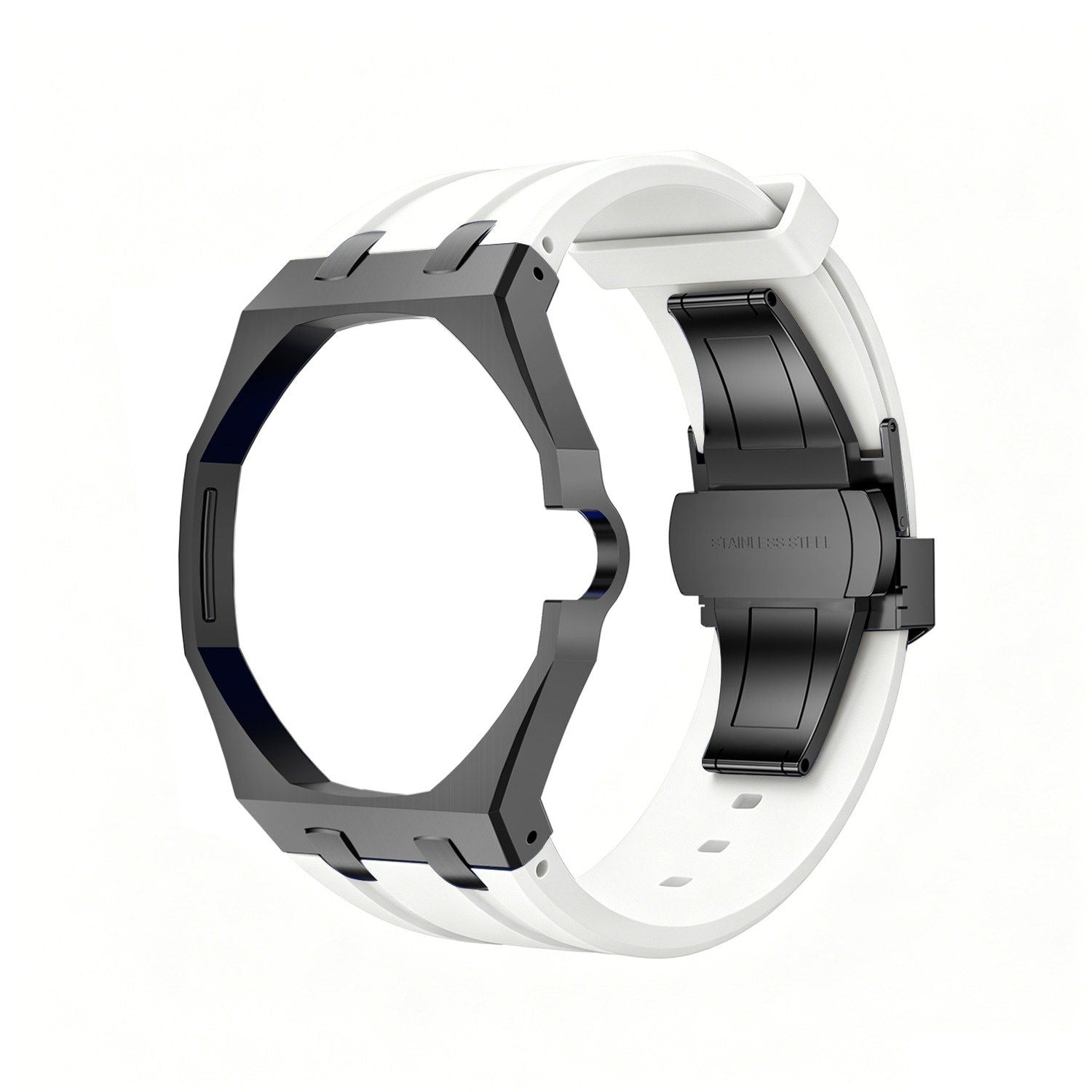 Back and open band view of the white and charcoal Royal Pop watch on a white background.