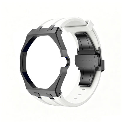 Back and open band view of the white and charcoal Royal Pop watch on a white background.