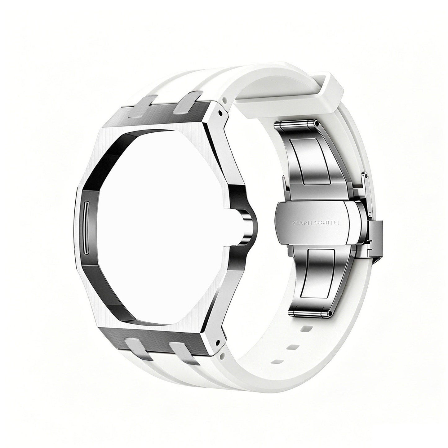 Alternate back and open band view of the white and silver Royal Pop watch on a white background.