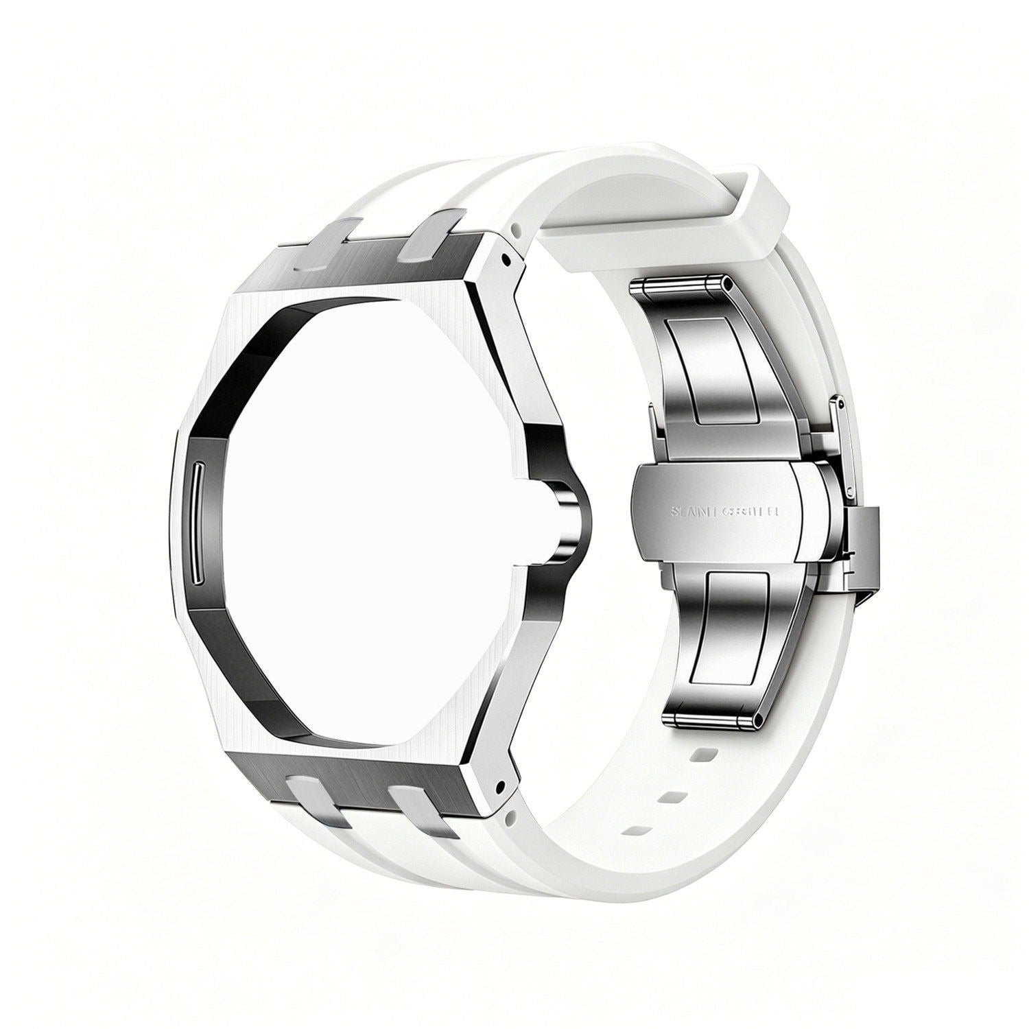Alternate back and open band view of the white and silver Royal Pop watch on a white background.