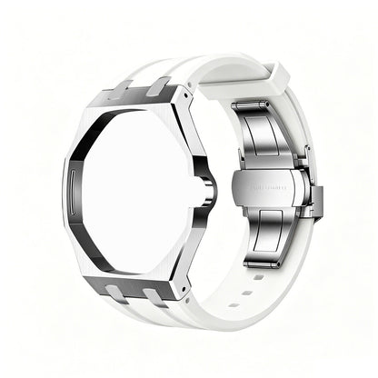 Alternate back and open band view of the white and silver Royal Pop watch on a white background.