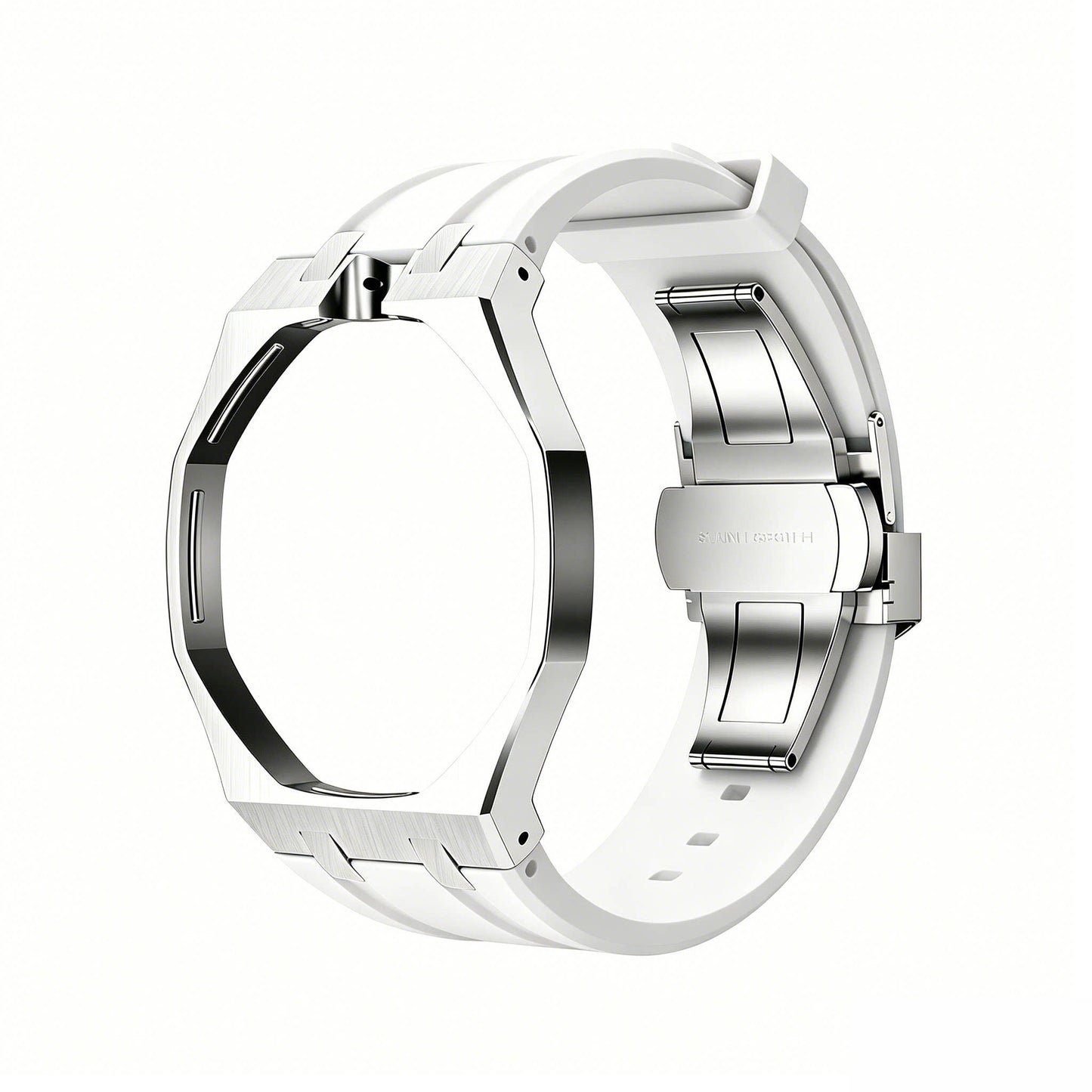 Back and open band view of the white and silver Royal Pop watch on a white background.