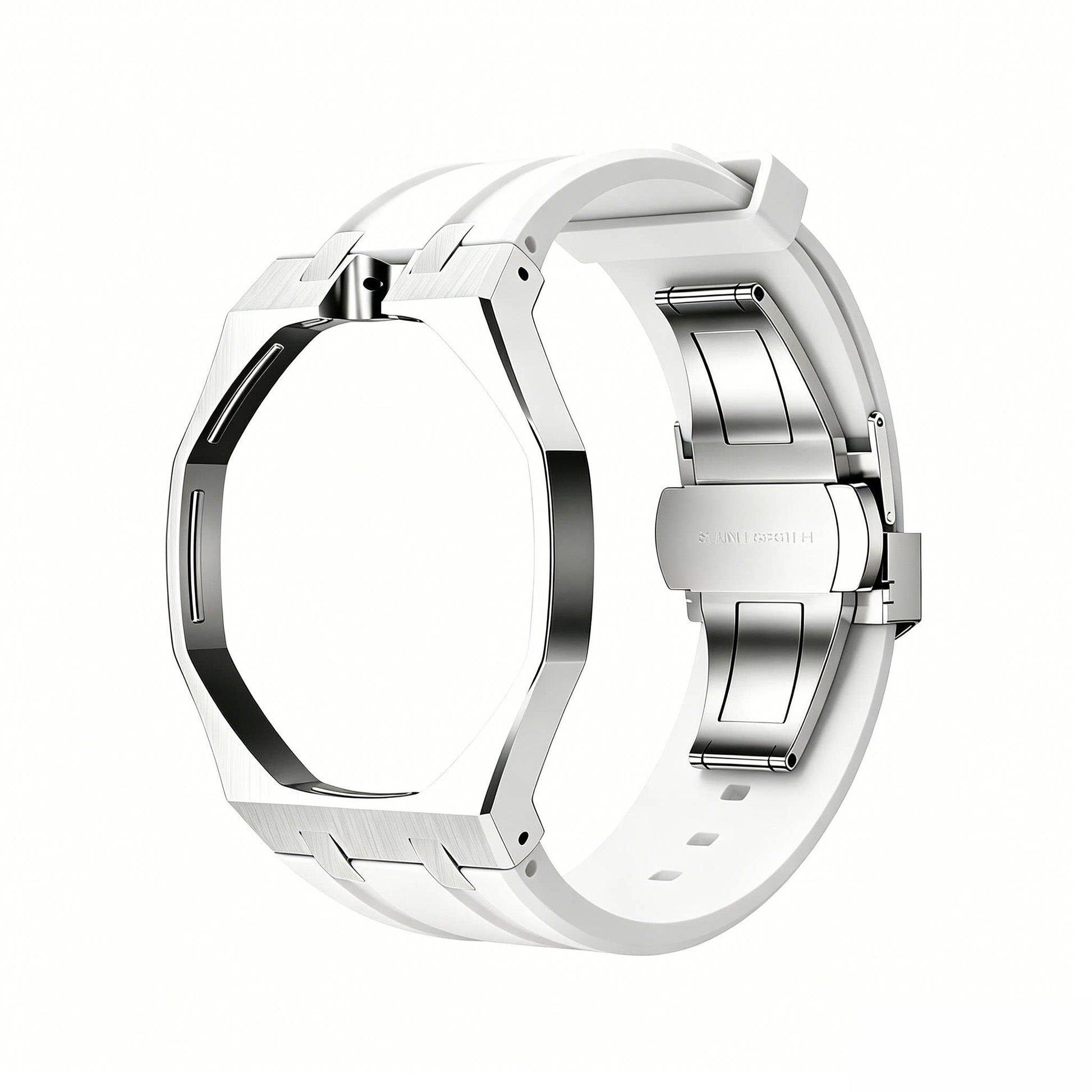 Back and open band view of the white and silver Royal Pop watch on a white background.