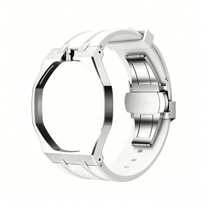 Back and open band view of the white and silver Royal Pop watch on a white background.