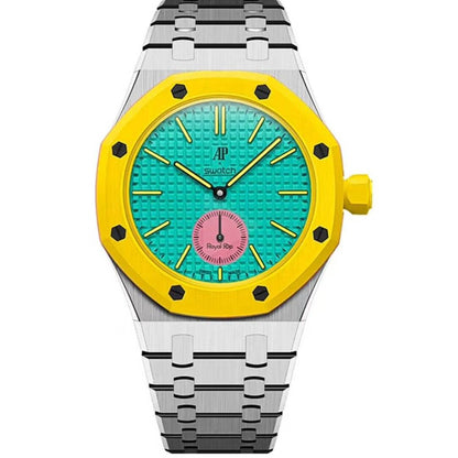 Silver metal Royal Pop watch with a yellow bezel, teal dial, and pink subdial on a white background.
