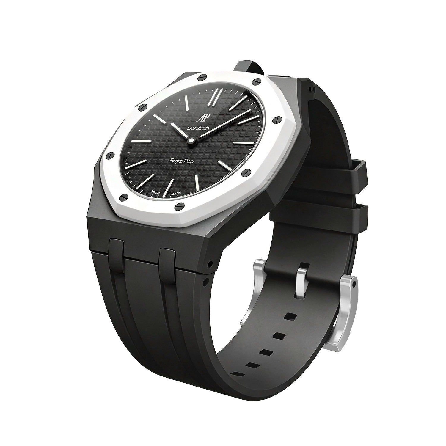 Angled product view of the black Royal Pop Bioceramic watch with a silver bezel.