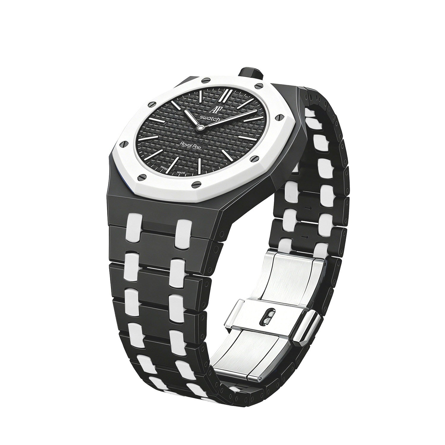 Bracelet view of the black Royal Pop Bioceramic watch with a silver bezel on a white background.