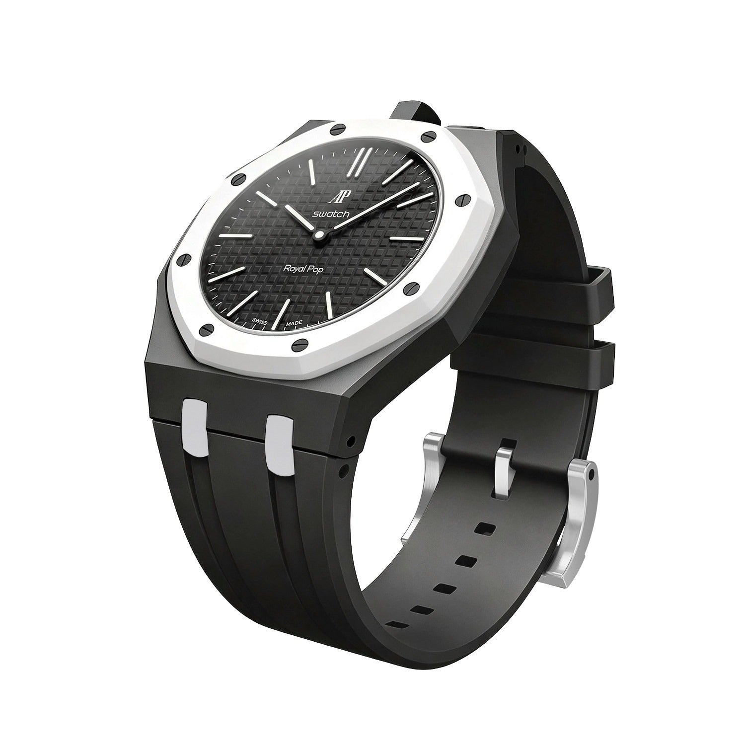 Front angle view of the black Royal Pop Bioceramic watch with a silver bezel on a white background.