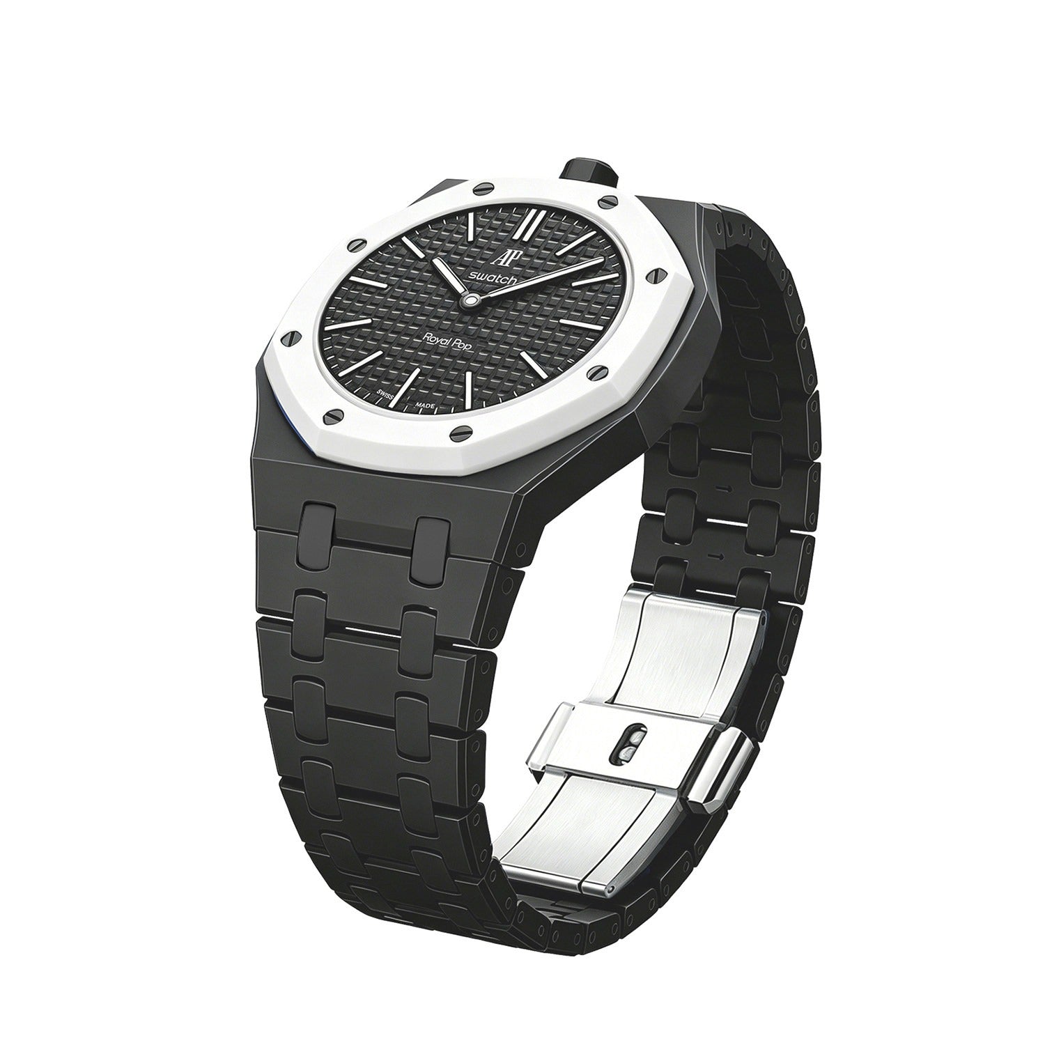 Strap view of the black Royal Pop Bioceramic watch with a silver bezel on a white background.