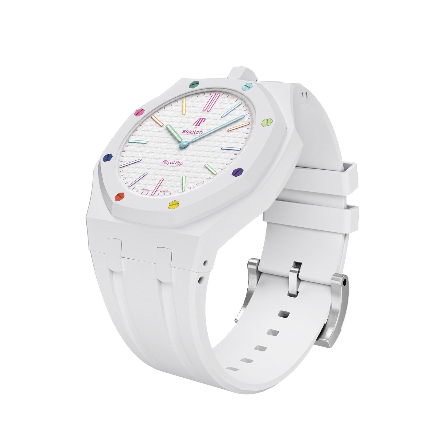 Angled product view of the white Royal Pop Bioceramic watch with multicolor hour markers.